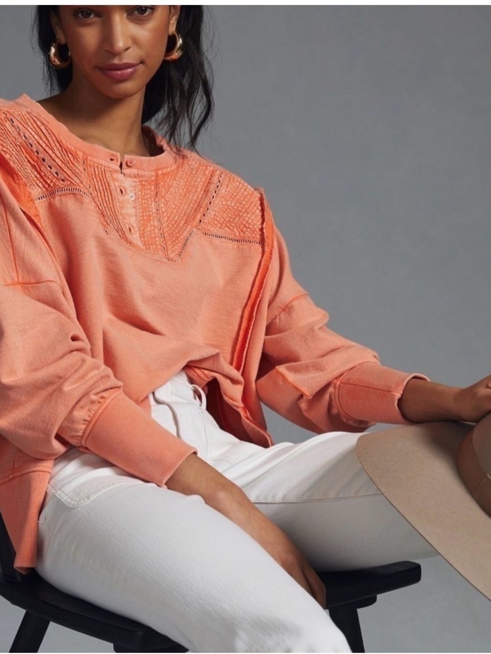 Anthropologie Pilcro Orange Coral Eyelet Henley Pintuck Sweatshirt